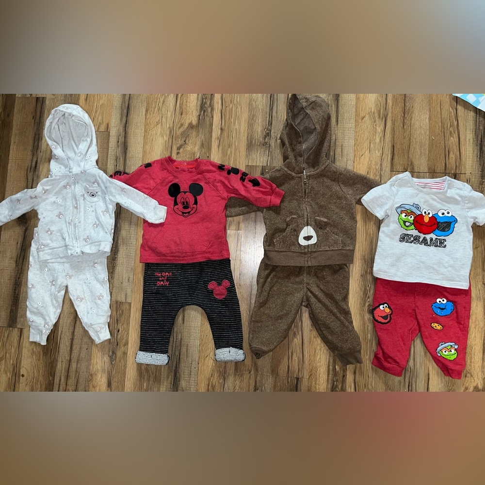 Set of 4 Baby Boy Outfits (Teddy Bear, Mickey, Sesame Street) size 3-6m
